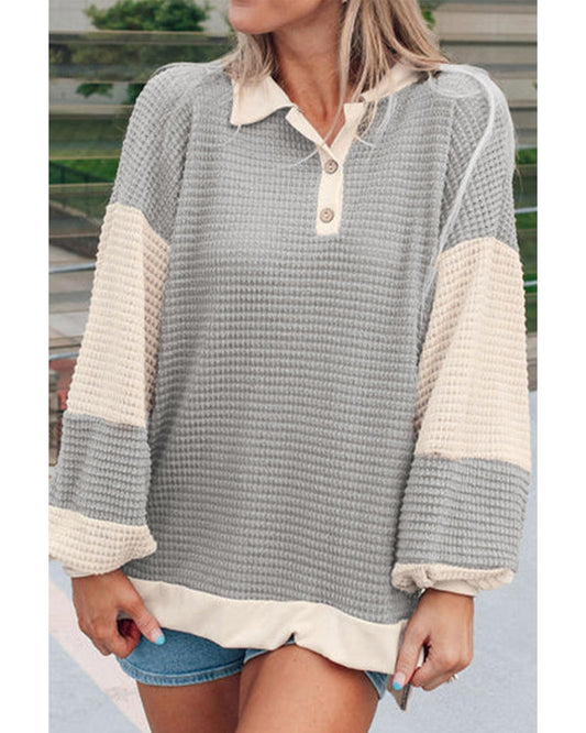 Khaki Textured Colorblock Collared Henley Top - XL