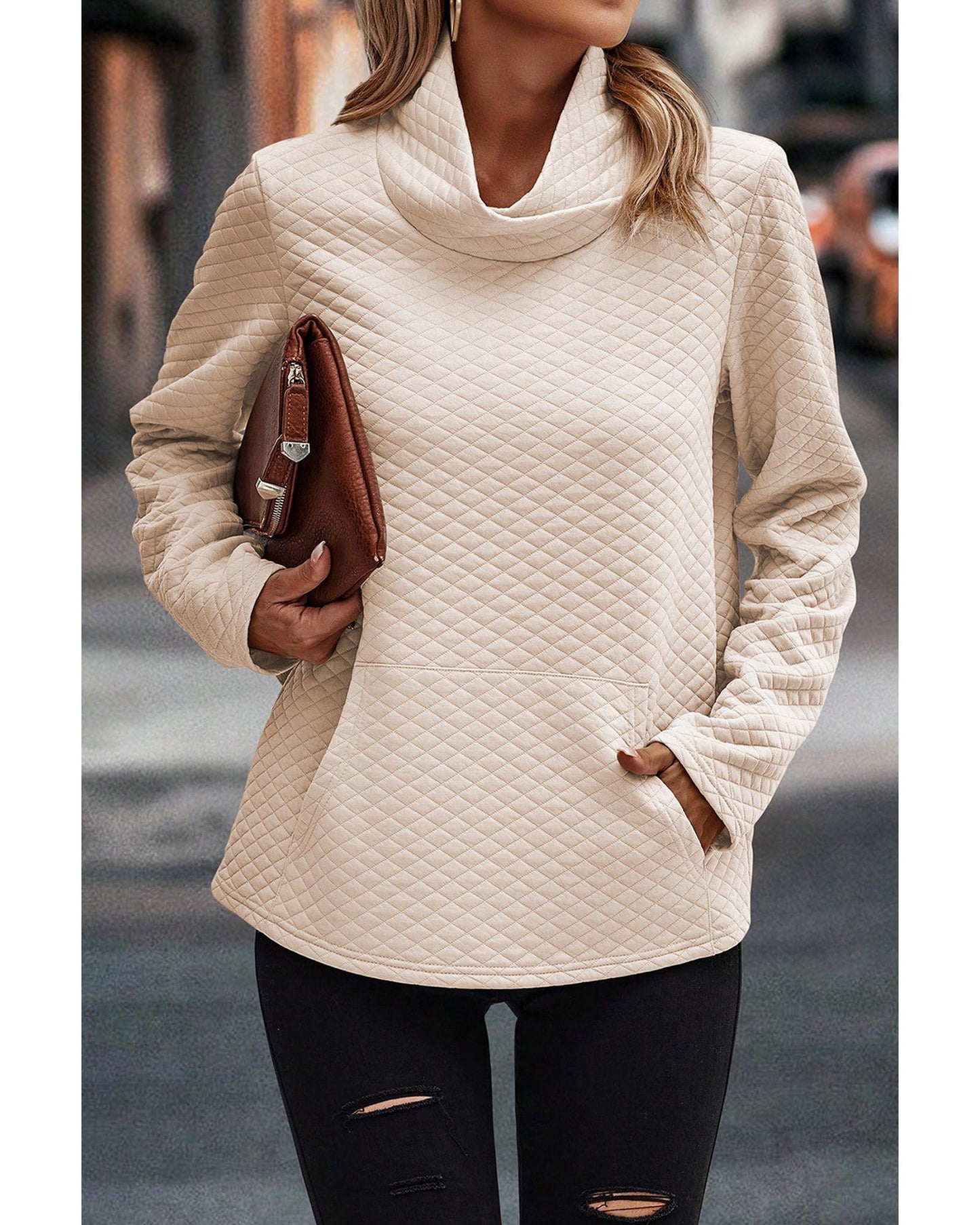 Apricot High Neck Kangaroo Pocket Quilted Sweatshirt - S