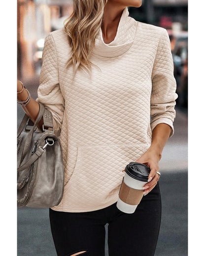 Apricot High Neck Kangaroo Pocket Quilted Sweatshirt - S