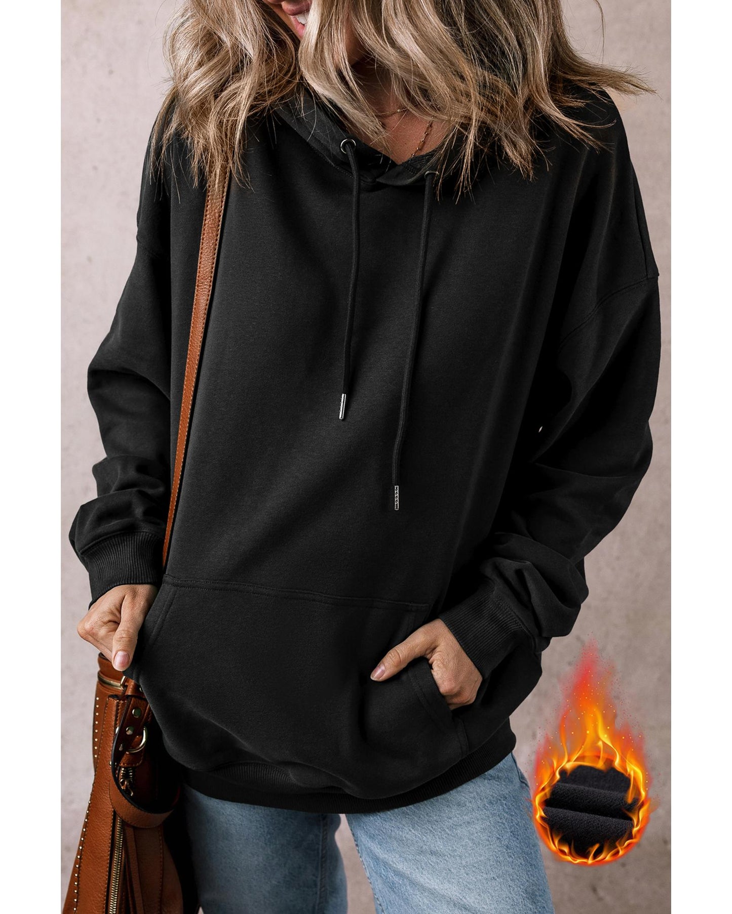 Black Fleece Lined Kangaroo Pocket Drawstring Chunky Hoodie - M
