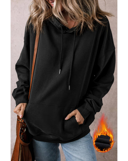 Black Fleece Lined Kangaroo Pocket Drawstring Chunky Hoodie - XL