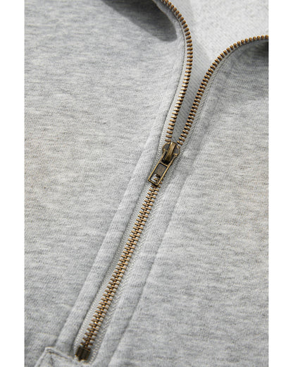 Light Grey Fleece Lined Half Zipper Kangaroo Pockets Loose Hoodie - L