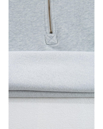 Light Grey Fleece Lined Half Zipper Kangaroo Pockets Loose Hoodie - S