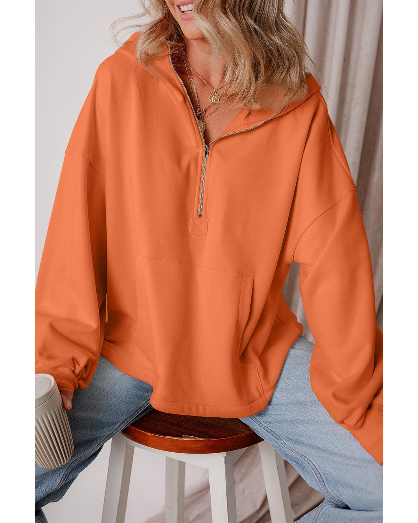 Orange Fleece Lined Half Zipper Kangaroo Pockets Loose Hoodie - 2XL