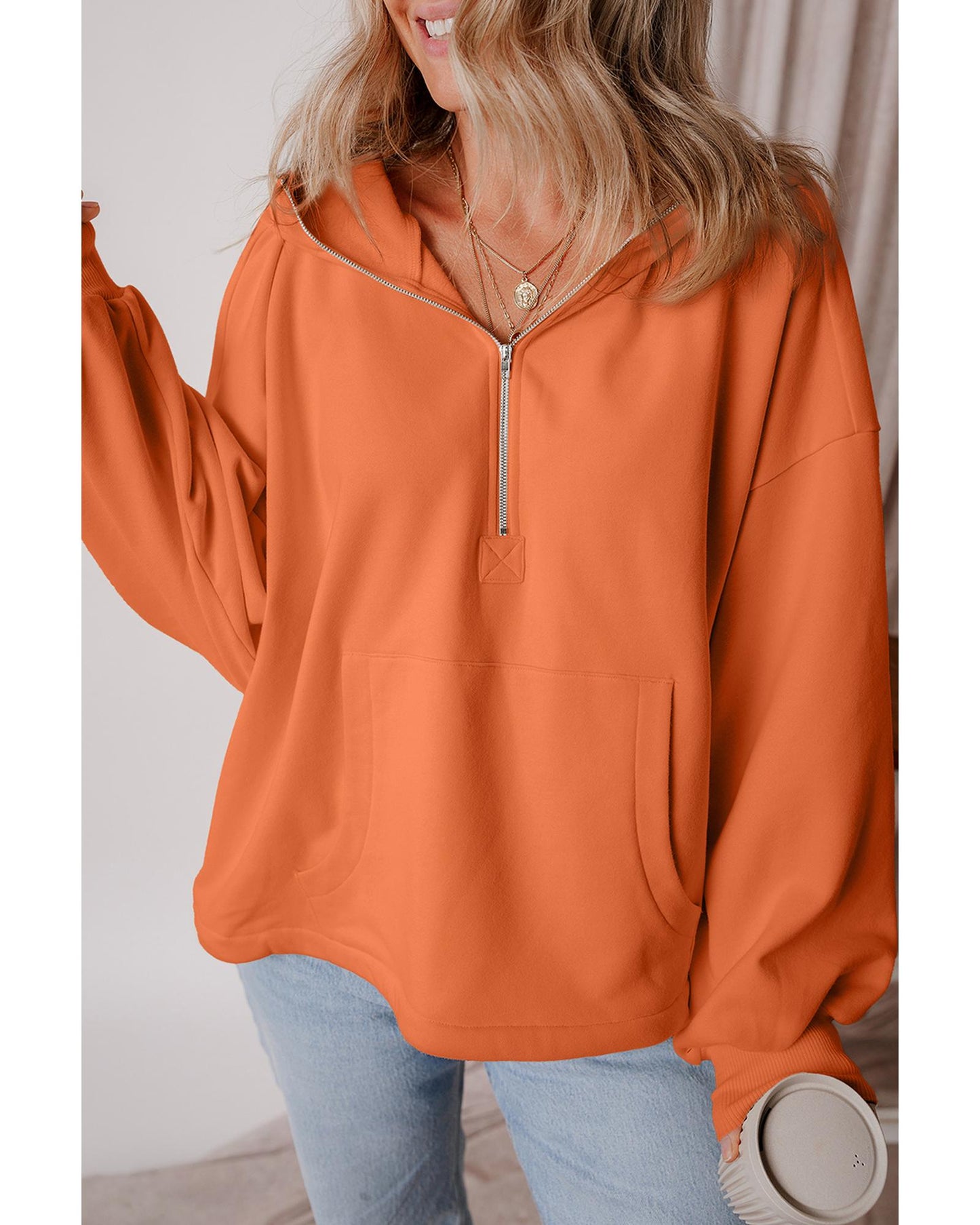 Orange Fleece Lined Half Zipper Kangaroo Pockets Loose Hoodie - L