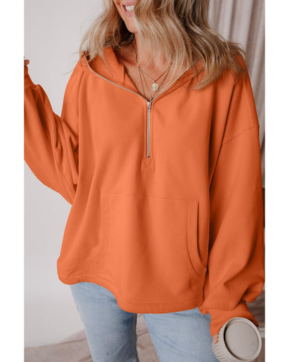 Orange Fleece Lined Half Zipper Kangaroo Pockets Loose Hoodie - L