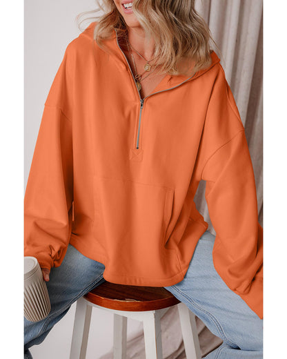 Orange Fleece Lined Half Zipper Kangaroo Pockets Loose Hoodie - L