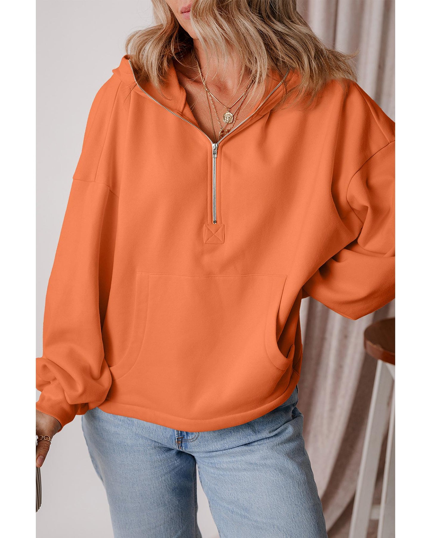 Orange Fleece Lined Half Zipper Kangaroo Pockets Loose Hoodie - L