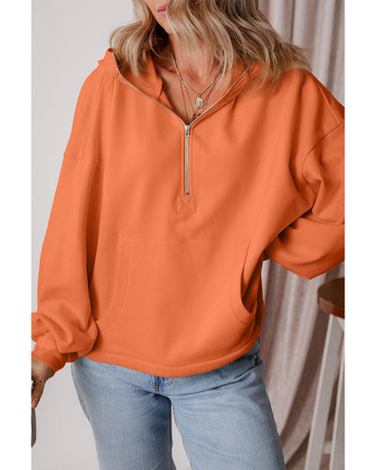 Orange Fleece Lined Half Zipper Kangaroo Pockets Loose Hoodie - L