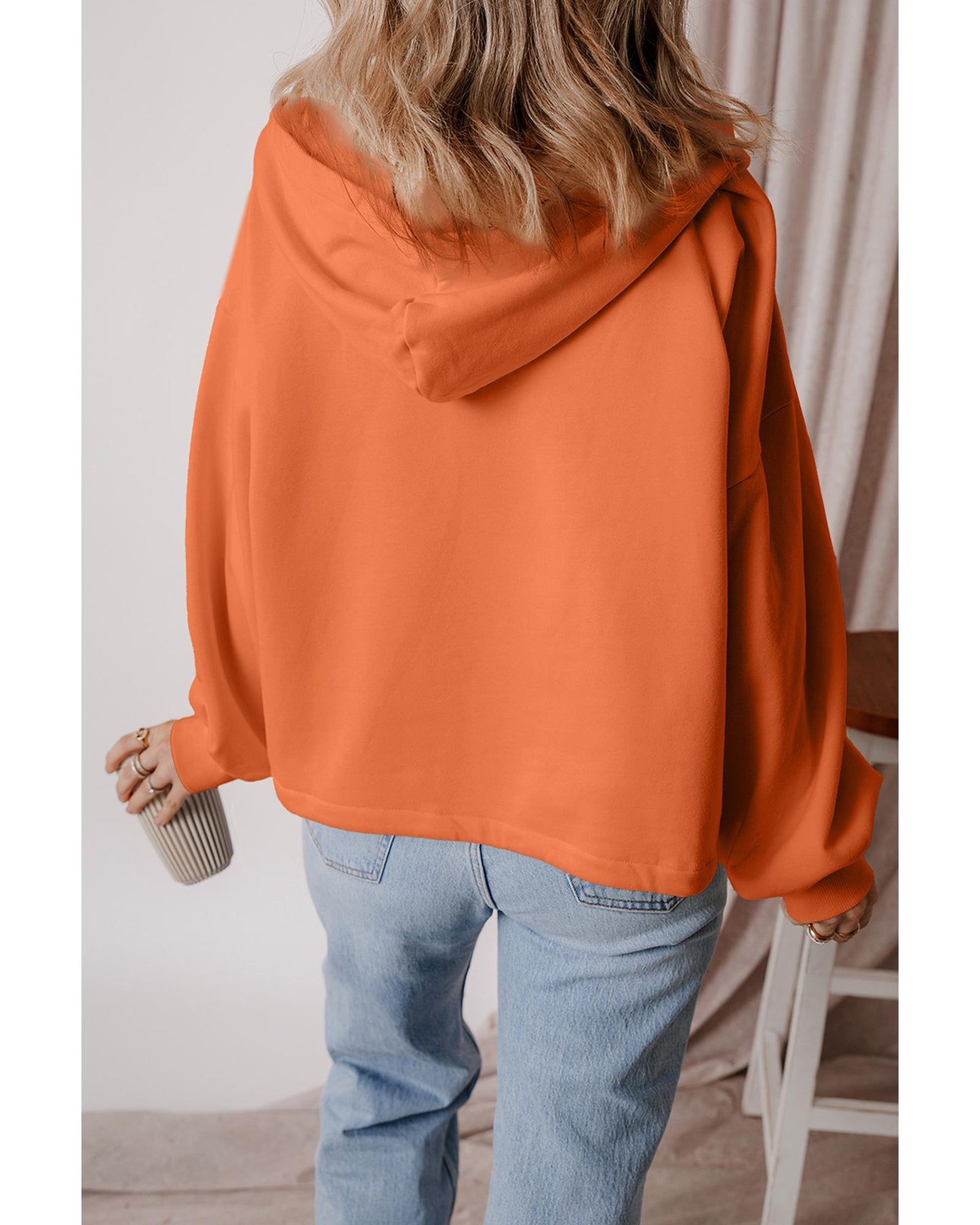 Orange Fleece Lined Half Zipper Kangaroo Pockets Loose Hoodie - XL