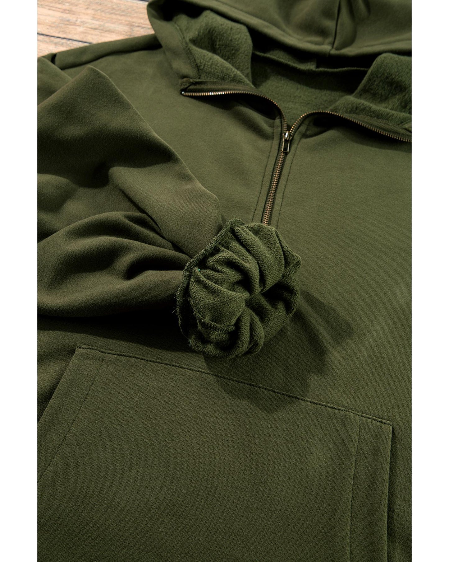 Moss Green Fleece Lined Half Zipper Kangaroo Pockets Loose Hoodie - 2XL