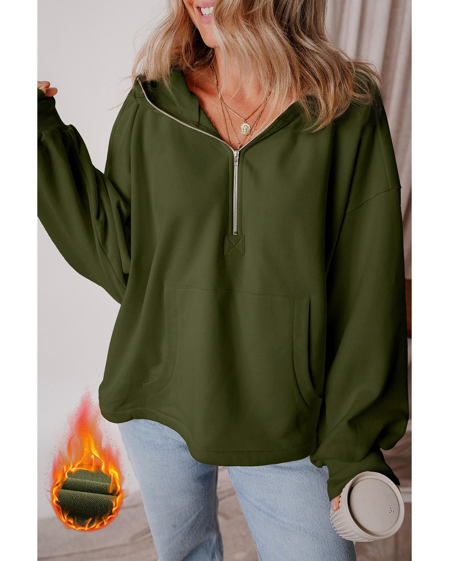 Moss Green Fleece Lined Half Zipper Kangaroo Pockets Loose Hoodie - M