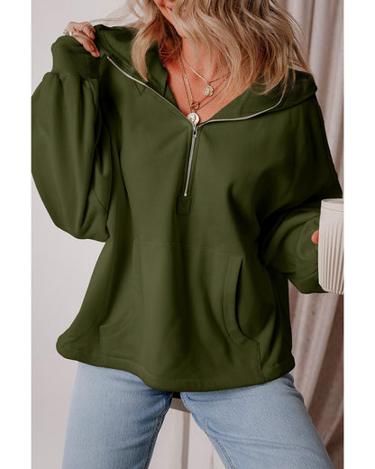 Moss Green Fleece Lined Half Zipper Kangaroo Pockets Loose Hoodie - M