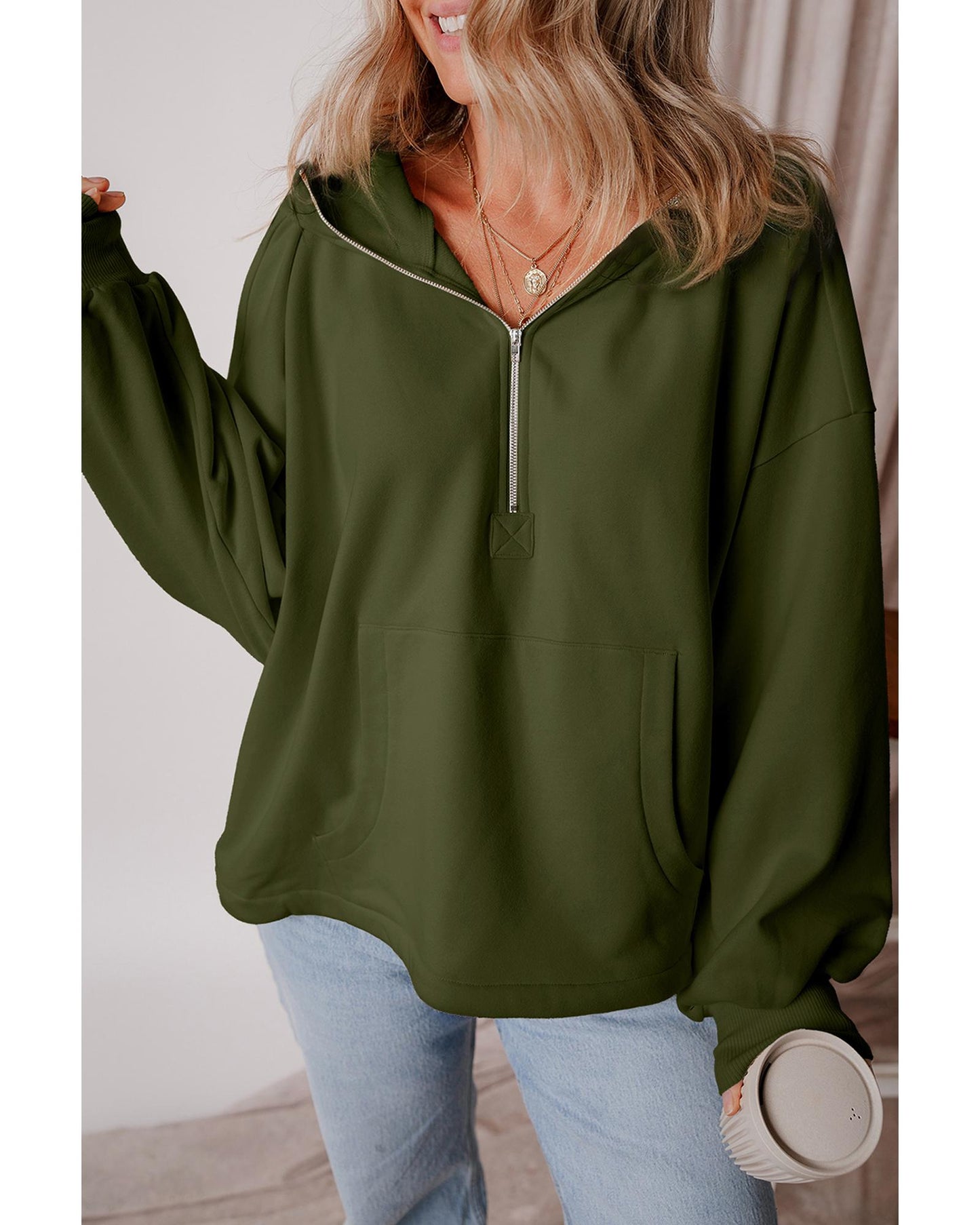 Moss Green Fleece Lined Half Zipper Kangaroo Pockets Loose Hoodie - M