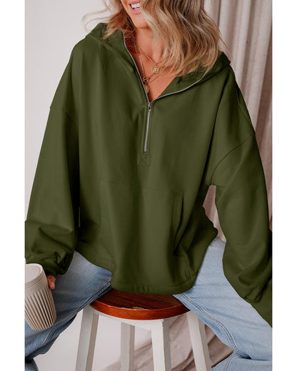Moss Green Fleece Lined Half Zipper Kangaroo Pockets Loose Hoodie - M