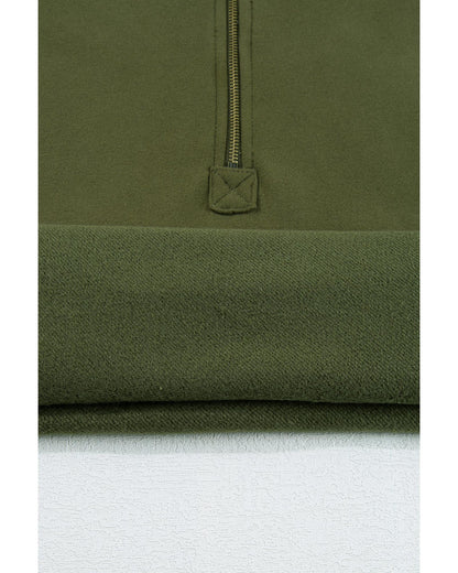 Moss Green Fleece Lined Half Zipper Kangaroo Pockets Loose Hoodie - S