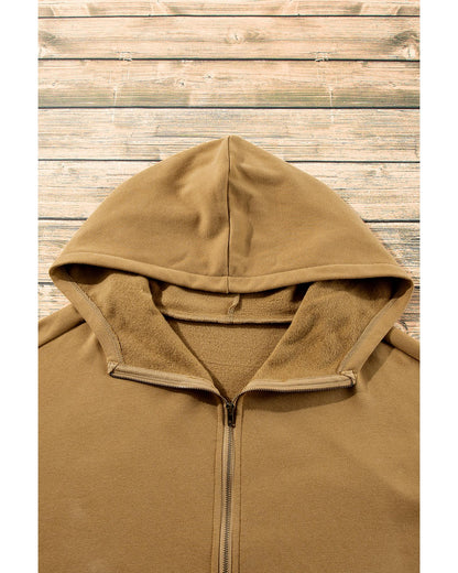 Brown Fleece Lined Half Zipper Kangaroo Pockets Loose Hoodie - M