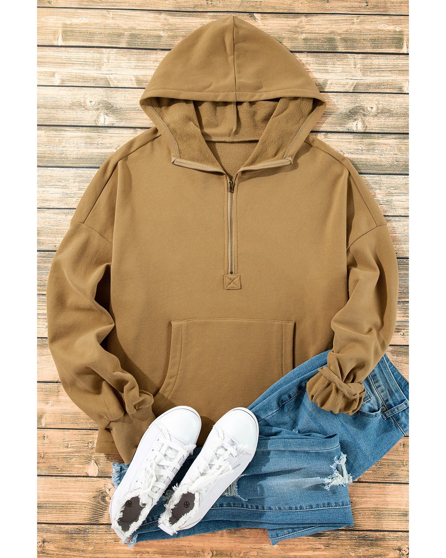Brown Fleece Lined Half Zipper Kangaroo Pockets Loose Hoodie - M
