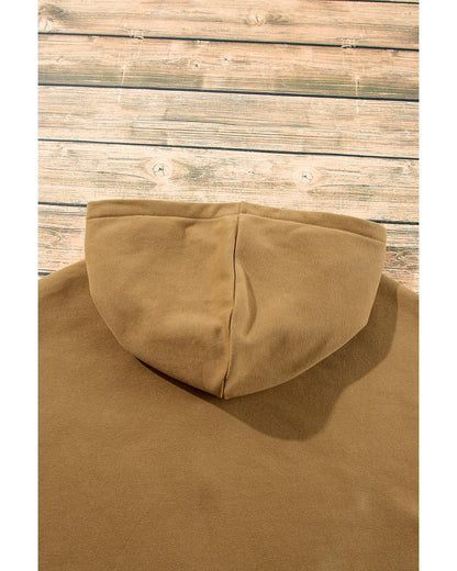 Brown Fleece Lined Half Zipper Kangaroo Pockets Loose Hoodie - M