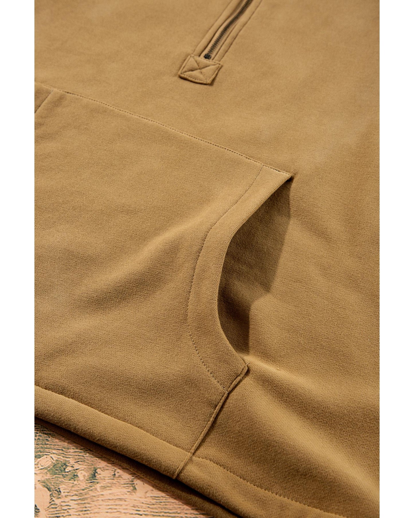 Brown Fleece Lined Half Zipper Kangaroo Pockets Loose Hoodie - M