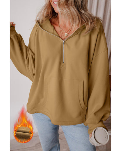 Brown Fleece Lined Half Zipper Kangaroo Pockets Loose Hoodie - M