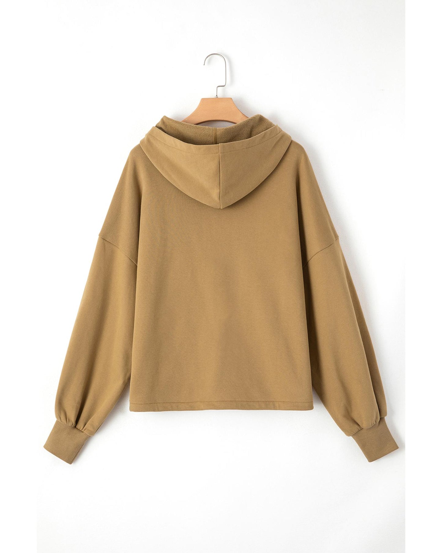 Brown Fleece Lined Half Zipper Kangaroo Pockets Loose Hoodie - M