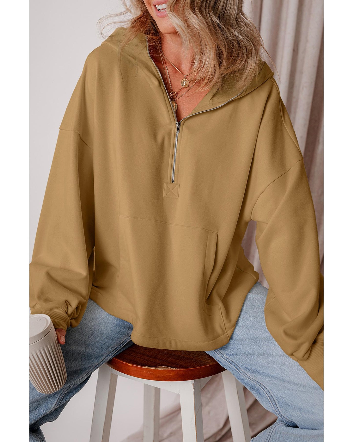 Brown Fleece Lined Half Zipper Kangaroo Pockets Loose Hoodie - M