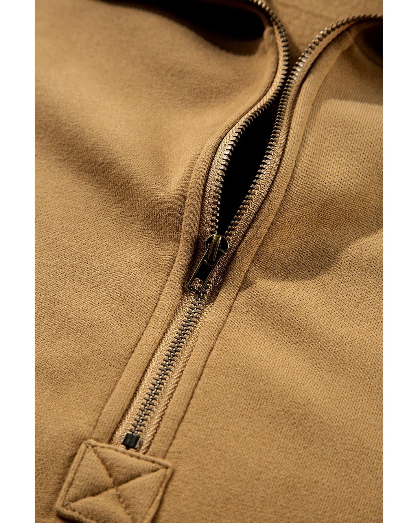 Brown Fleece Lined Half Zipper Kangaroo Pockets Loose Hoodie - M