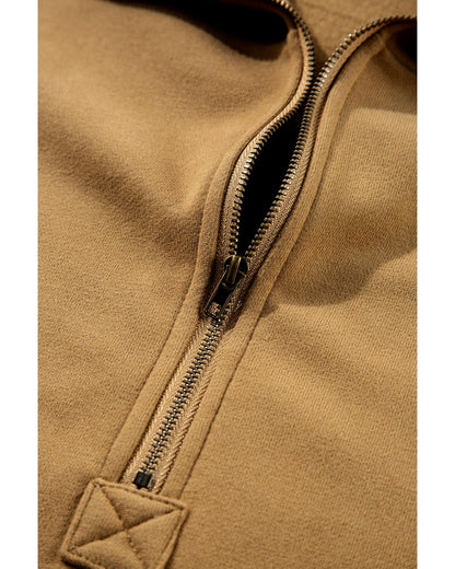 Brown Fleece Lined Half Zipper Kangaroo Pockets Loose Hoodie - M