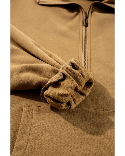 Brown Fleece Lined Half Zipper Kangaroo Pockets Loose Hoodie - XL