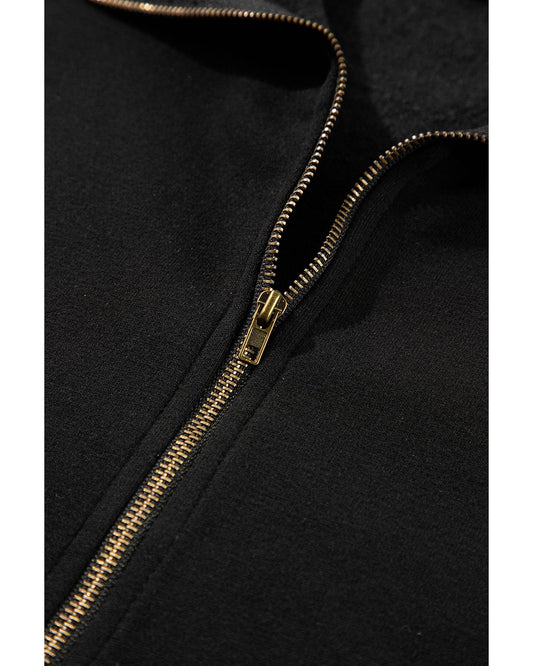 Black Fleece Lined Half Zipper Kangaroo Pockets Loose Hoodie - L