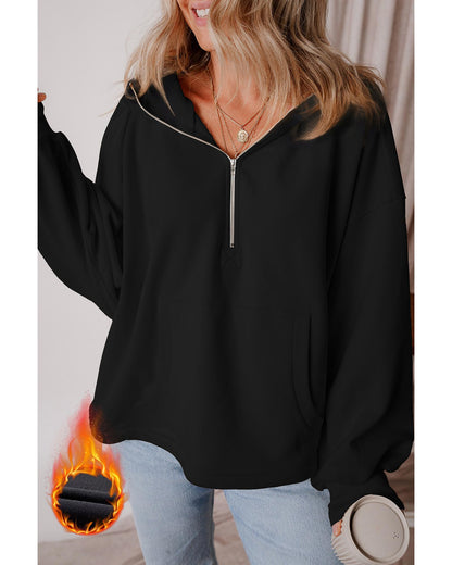 Black Fleece Lined Half Zipper Kangaroo Pockets Loose Hoodie - L