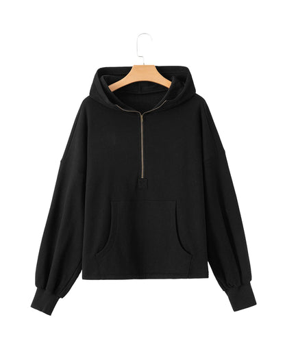 Black Fleece Lined Half Zipper Kangaroo Pockets Loose Hoodie - XL