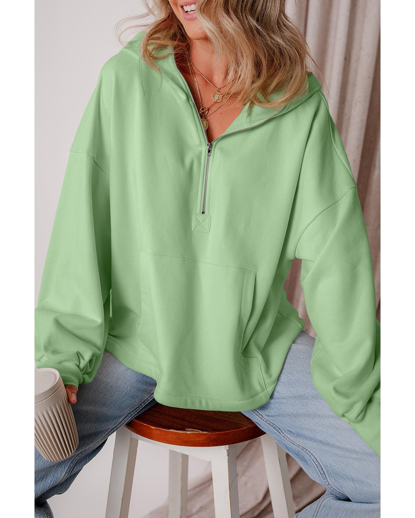 Smoke Green Fleece Lined Half Zipper Kangaroo Pockets Loose Hoodie - XL