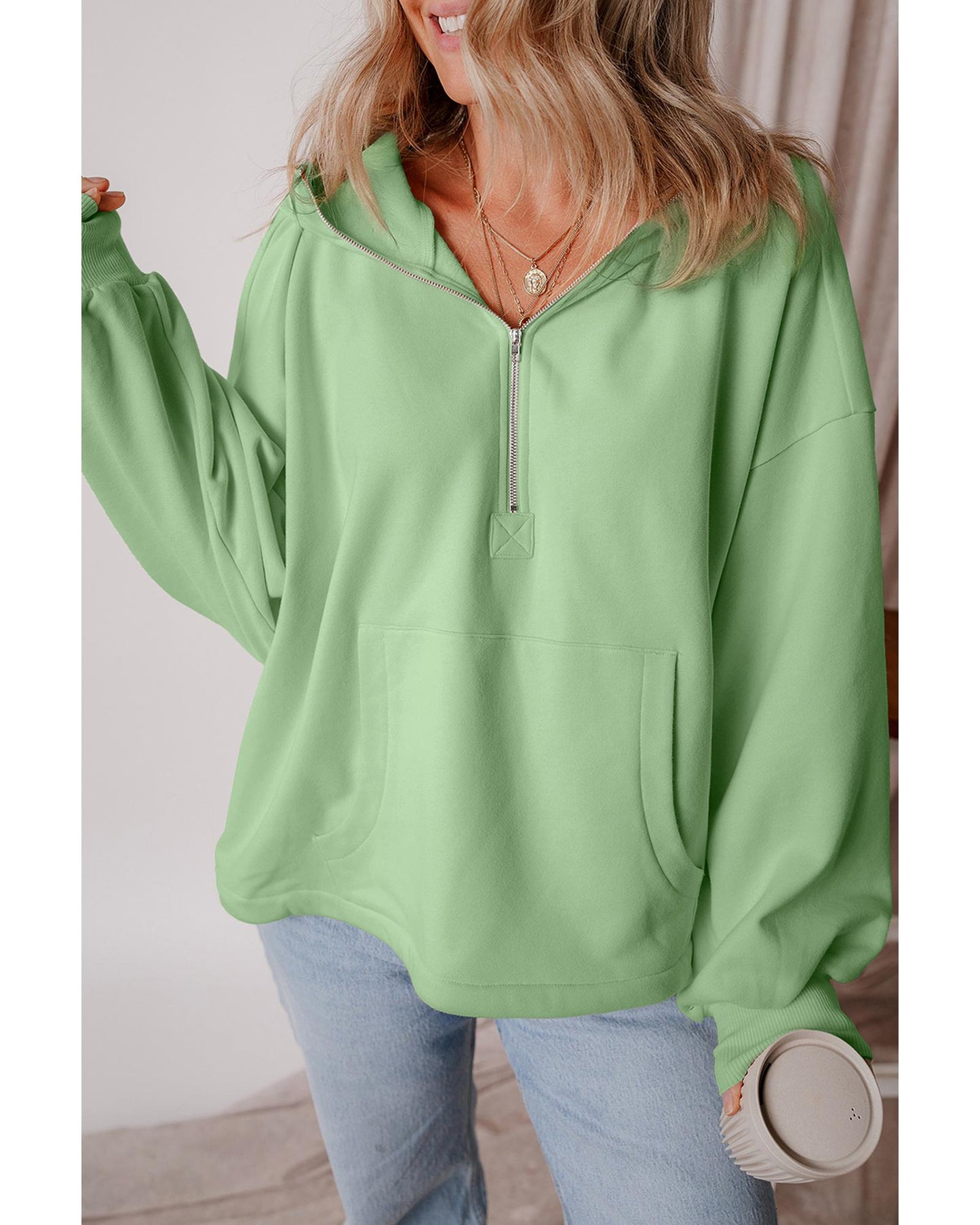 Smoke Green Fleece Lined Half Zipper Kangaroo Pockets Loose Hoodie - XL