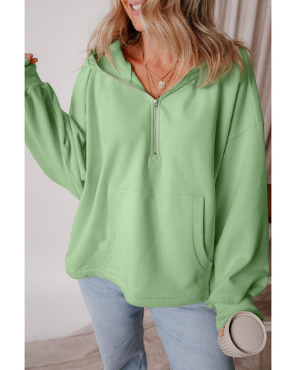 Smoke Green Fleece Lined Half Zipper Kangaroo Pockets Loose Hoodie - XL