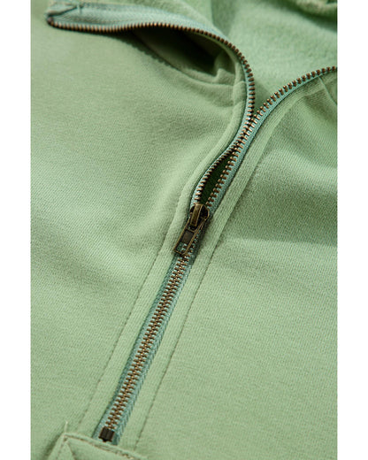 Smoke Green Fleece Lined Half Zipper Kangaroo Pockets Loose Hoodie - XL