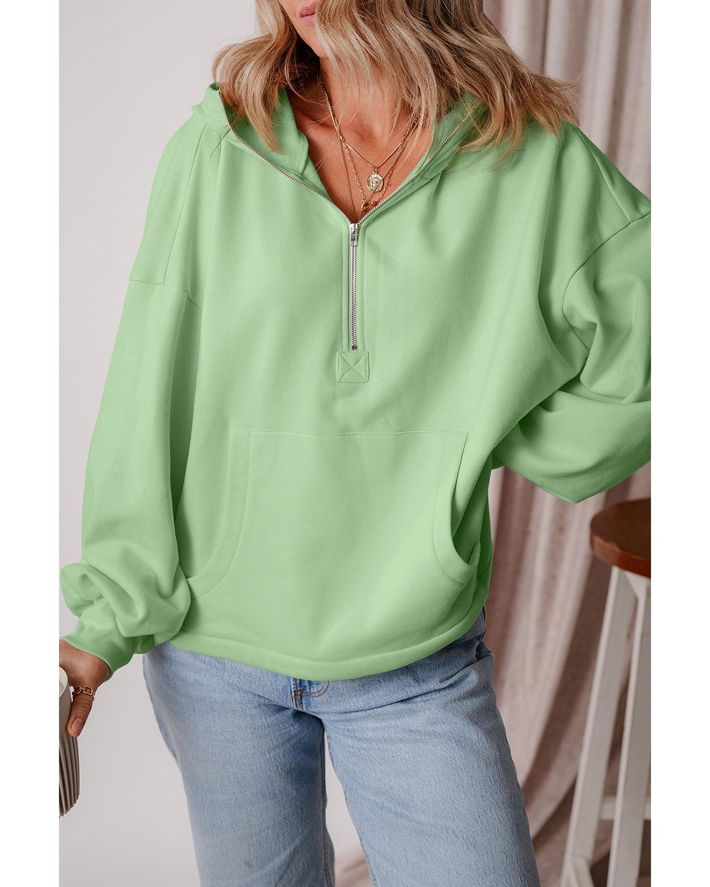 Smoke Green Fleece Lined Half Zipper Kangaroo Pockets Loose Hoodie - XL