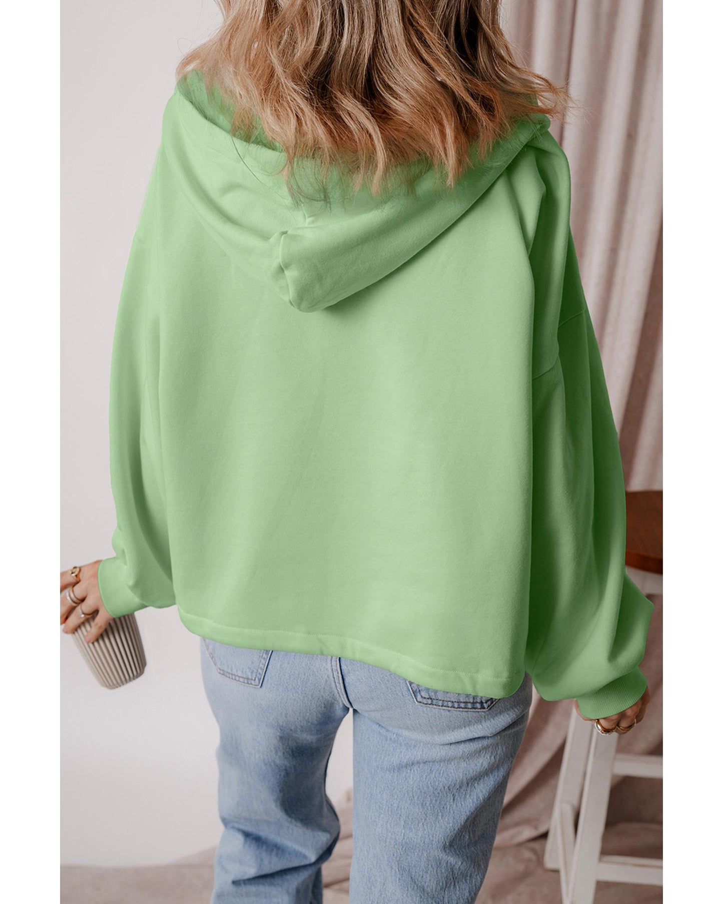 Smoke Green Fleece Lined Half Zipper Kangaroo Pockets Loose Hoodie - XL