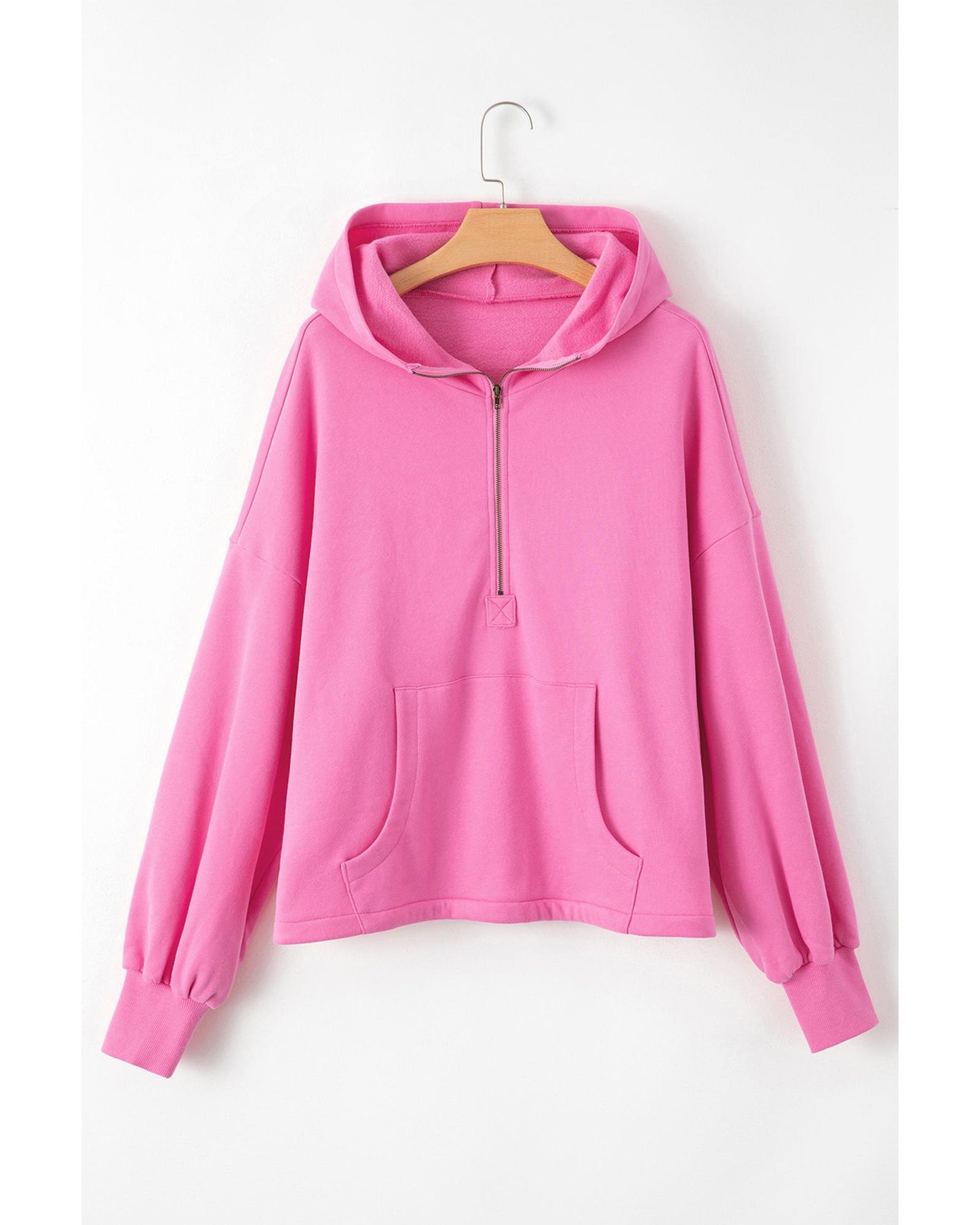 Bonbon Fleece Lined Half Zipper Kangaroo Pockets Loose Hoodie - L