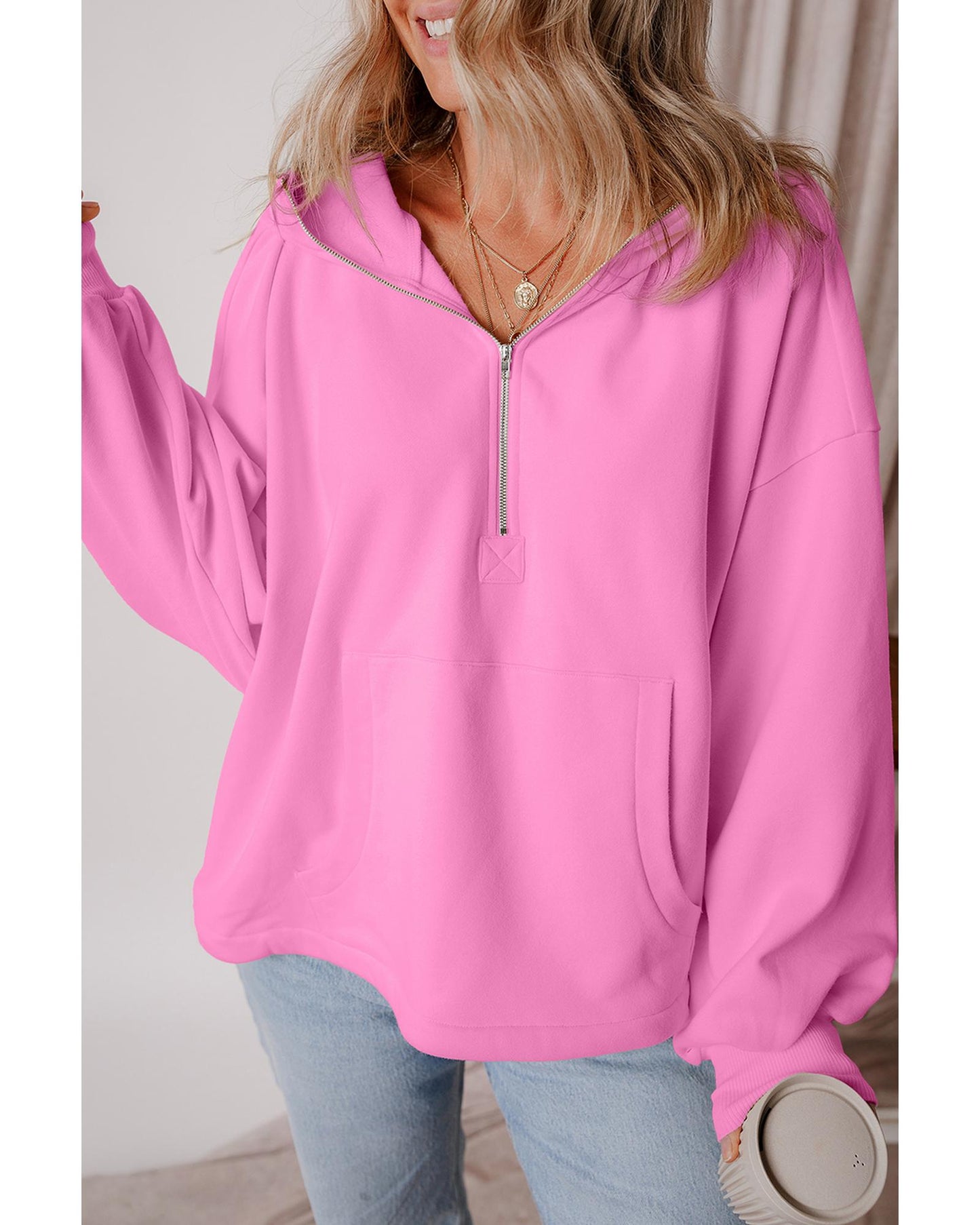 Bonbon Fleece Lined Half Zipper Kangaroo Pockets Loose Hoodie - S