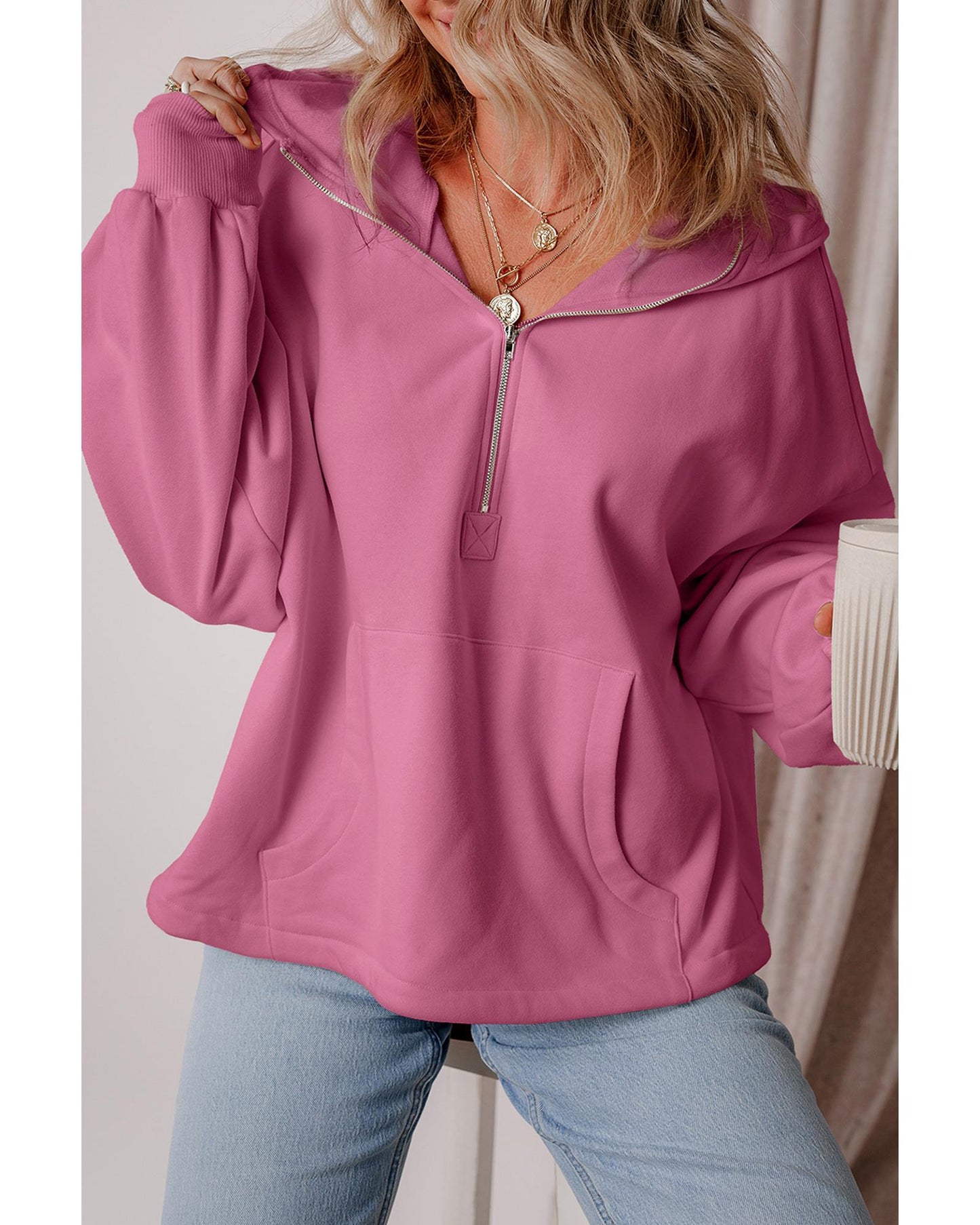 Valerian Fleece Lined Half Zipper Kangaroo Pockets Loose Hoodie - L