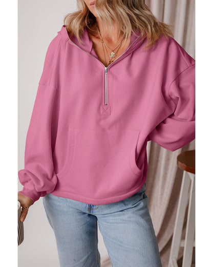 Valerian Fleece Lined Half Zipper Kangaroo Pockets Loose Hoodie - M