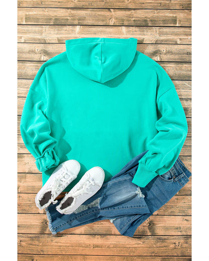 Aruba Blue Fleece Lined Half Zipper Kangaroo Pockets Loose Hoodie - M