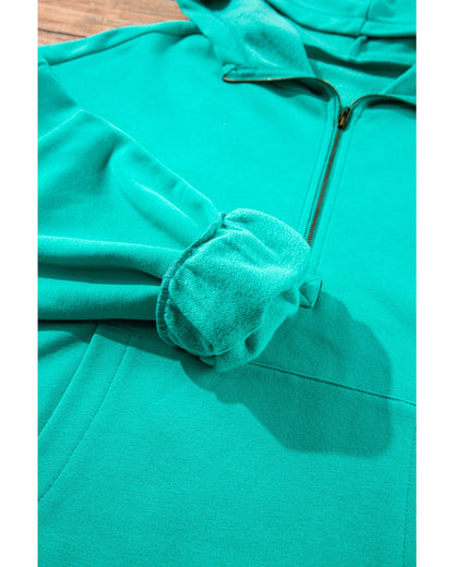 Aruba Blue Fleece Lined Half Zipper Kangaroo Pockets Loose Hoodie - M