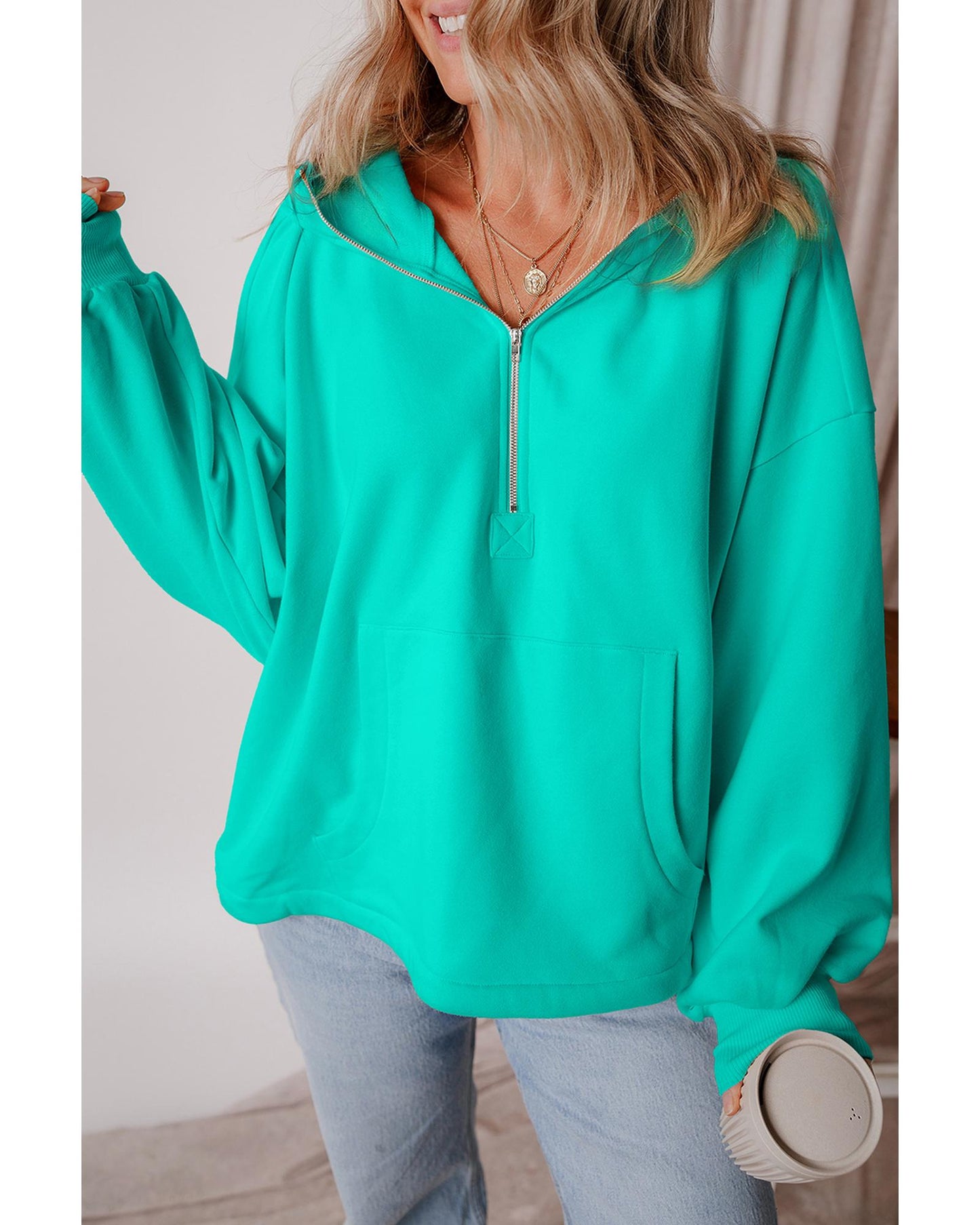 Aruba Blue Fleece Lined Half Zipper Kangaroo Pockets Loose Hoodie - M