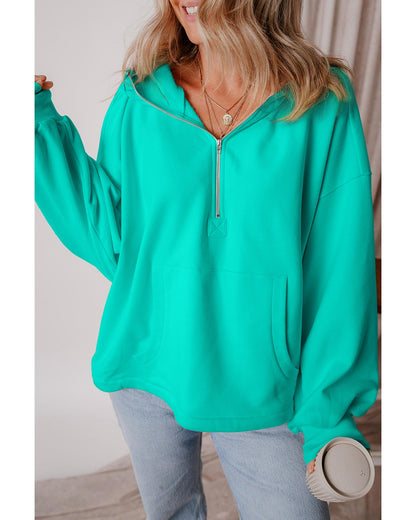 Aruba Blue Fleece Lined Half Zipper Kangaroo Pockets Loose Hoodie - M