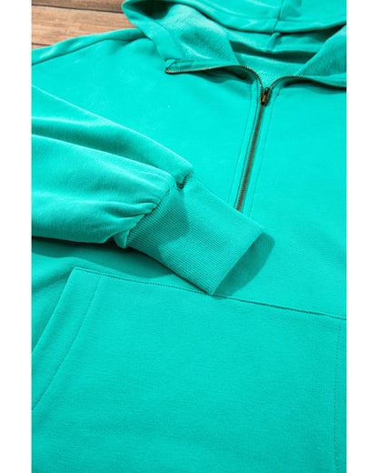 Aruba Blue Fleece Lined Half Zipper Kangaroo Pockets Loose Hoodie - M