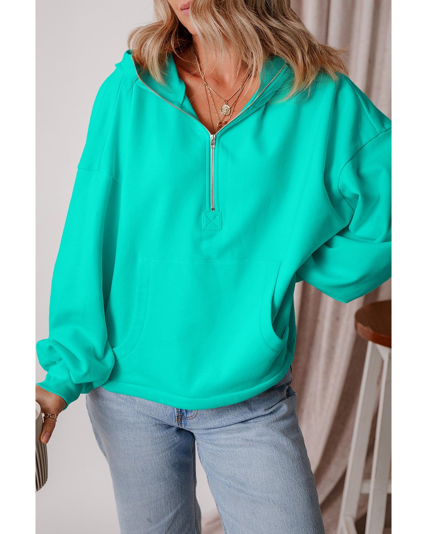 Aruba Blue Fleece Lined Half Zipper Kangaroo Pockets Loose Hoodie - S