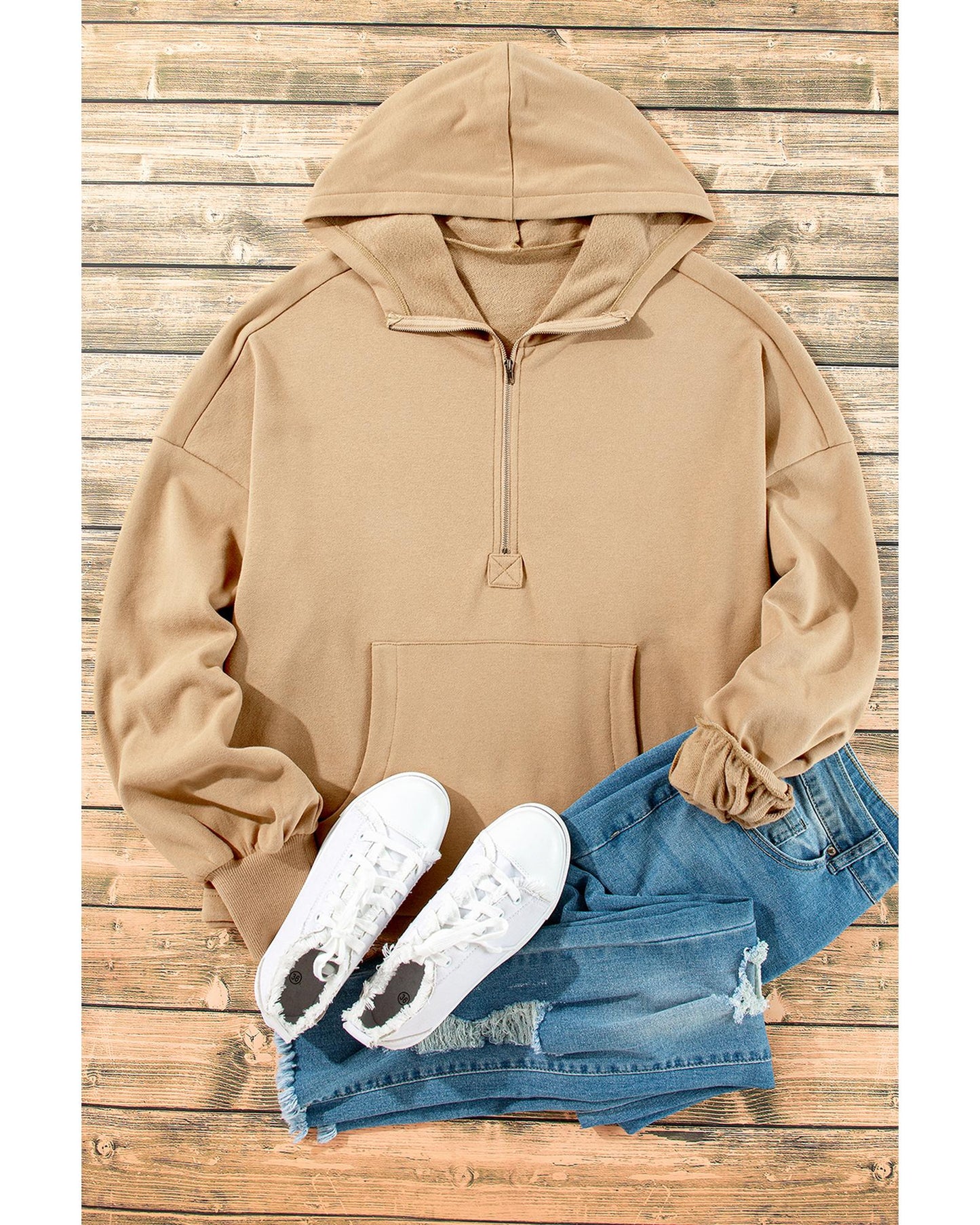 Parchment Fleece Lined Half Zipper Kangaroo Pockets Loose Hoodie - M